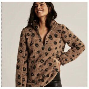 Abercrombie & Fitch M Leopard Fleece Sherpa Soft Pullover Jacket Animal Print